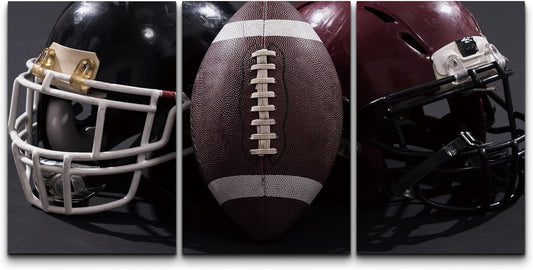 Canvas Print Wall Art Set Football Helmets & Football Closeup Sports Athletes Photography Realism Contemporary Scenic Colorful Multicolor for Living Room, Bedroom, Office - 16"X24"X3 Panels